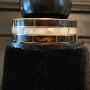 Vintage brass onyx & mother of pearl bangle bracelet